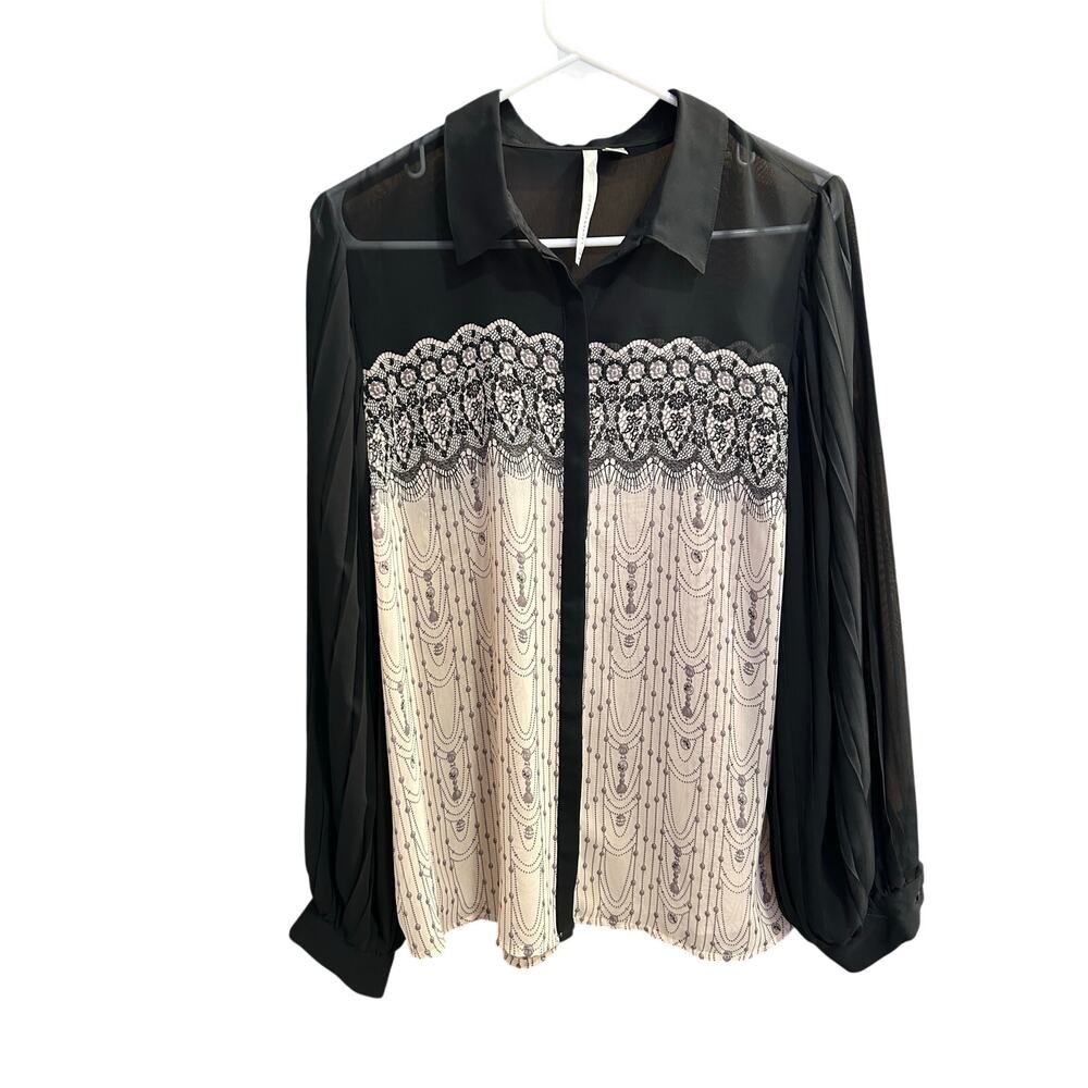 LC Lauren Conrad Long Peasant Sleeve Lace And Beading Print Blouse Black Cream L